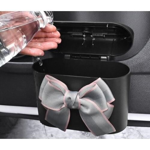 Cute Bowknot Car Trash Bin Hanging Vehicle Garbage Dust Case Storage Box Pressing Type Trash Can Auto Car Interior Accessories