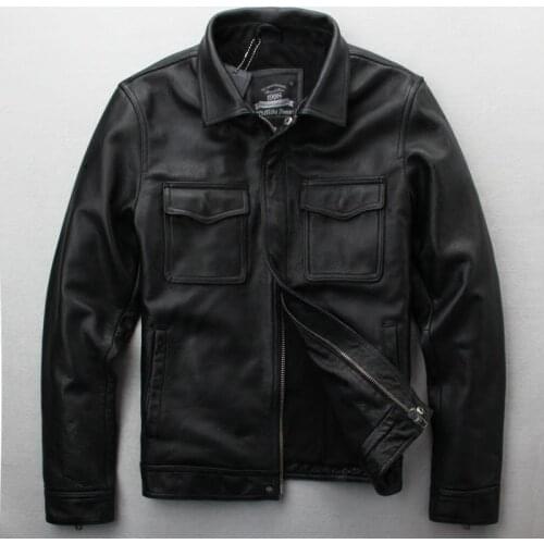 Leather Jacket Men Korean Vintage Genuine Leather Coat Real Cow Leather Jackets Mens Streetwear Motorcycle Jacket Black YY483