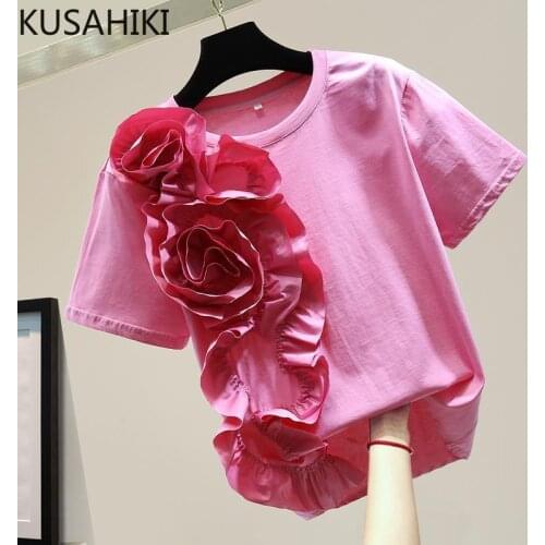 KUSAHIKI Graphic T Shirts Korean 3D Flower Ruffle Tee Tops 2021 Summer Short Sleeve O-neck Chic Sweet Tshirt Feminimos 6G930