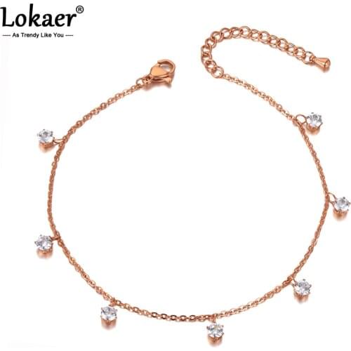 Lokaer Bohemia Stainless Steel Rose Gold Beach Charm Anklet Foot Jewelry Trendy CZ Crystal Chain Link Anklets For Women A20007