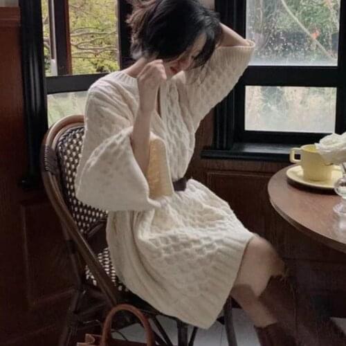 Autumn Winter 2021 New Lazy Solid Knitted Dress For Women Casual Thicken Loose Sweater Dress High Street Ladies Jumper Dress