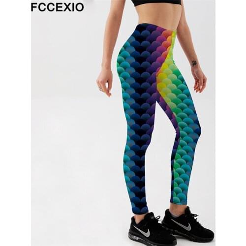 FCCEXIO Sexy Fashion Womens Leggings Fish Scale Rainbow Color Gradient Printed Leggings Workout Fitness Pants Autumn Style