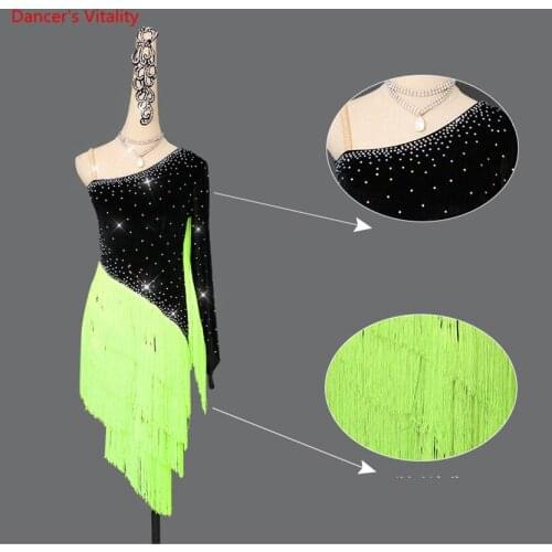 Latin Dance Dress New Fluorescent Green Tassels Autumn Dress Women Dance Competition Costume Rhinestones Dresses Fringe Dress
