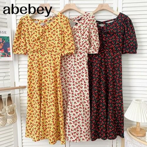 Vintage V-neck puff sleeve Dress backless cross bandage high waist pleated floral mid-length A-line Dress 2021 New Summer