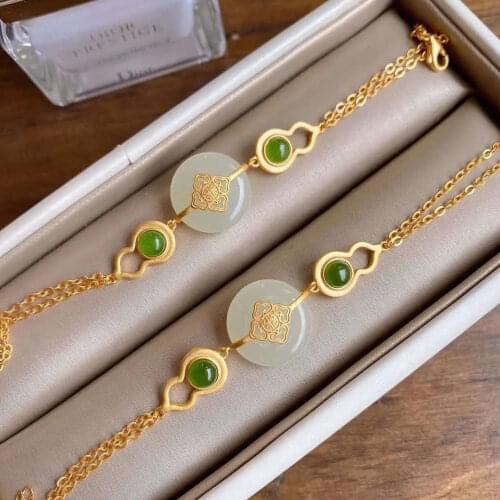 Natural White Jade Safety Buckle Pendant S925 Silver Inlaid Antique Fu Character Design Retro Chinese Style White Jade Necklace