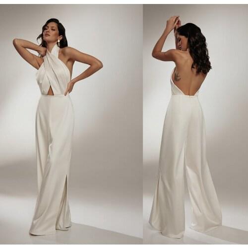 Simple Bohemian Wedding Jumpsuit Halter Sexy Backless Boho Wedding Gowns Pants Bridal Vestidos De Novia