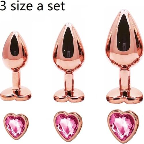 Rainbow Rose gold pink Small Medium 3 size a set Heart shape Crystal Metal anal beads butt plug Jewelry sex toy for female male