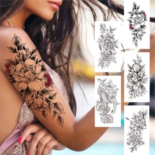 Sexy Peony Temporary Tattoos For Women Girls Elephant Fake Mask Flower Tattoo Sticker Realistic Fake Rose Tatoos Orchid Dahlia