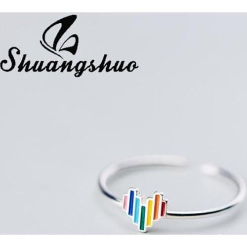 Shuangshuo Wedding Jewelry 925 Sterling Silver Rings Romantic Colorful Heart Shape Finger Rings for Women Girls Bijoux Femme