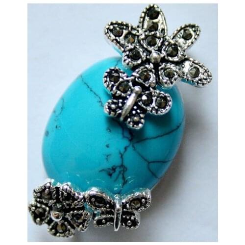 Vintage 925 silver natural 30*20 blue Turquoise flower marcasite pendent