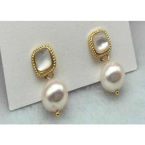 Jewelry white 100% Natural freshwater Pearl Earring Crystal drill Opal 925 sterling Silver pair