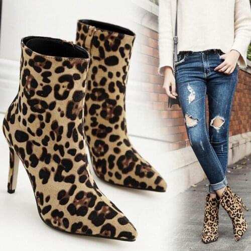 Leopard Mid Calf Women Boots Zip Spring Autumn Pointed Toe Shoes Women Fashion Plus Size 42 Ladies High Heels Boots