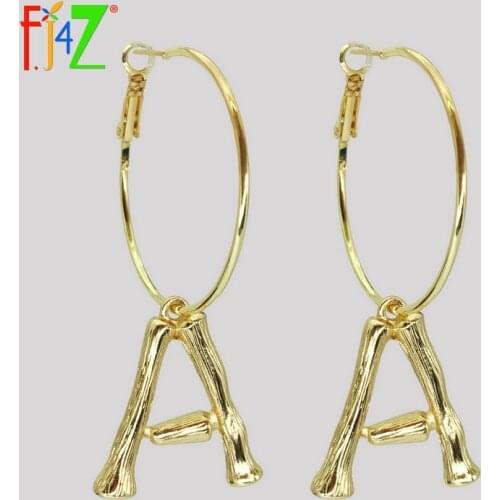 F.J4Z Hot Women Letter Earrings Golden Alloy A-Z 26 Bamboo Initail Hoop Earrings Fashion Alphabet Ear Hoop pendientes iniciales