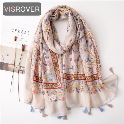VISROVER 2021 Fashion Beige Flower Printing Viscose Scarf Woman Wrap Blue Spring Shawl Beach Neck Pashmina Muslim Hijab Gift