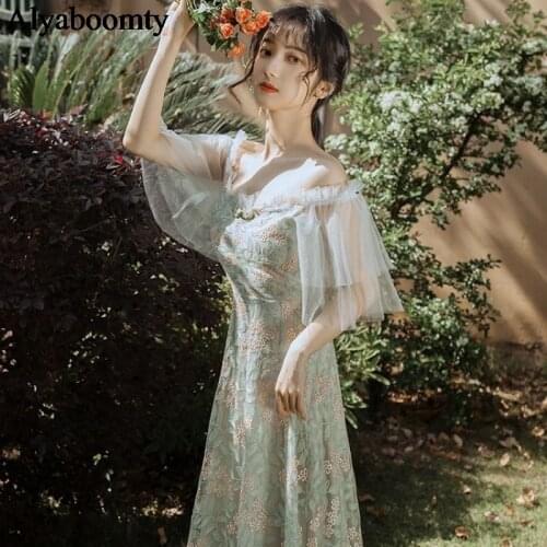 2021 New Summer Women Classical Midi Dress Ruffled Collar Floral Embroidery Chic Dress Short Sleeve Mesh Elegant Party Dresses