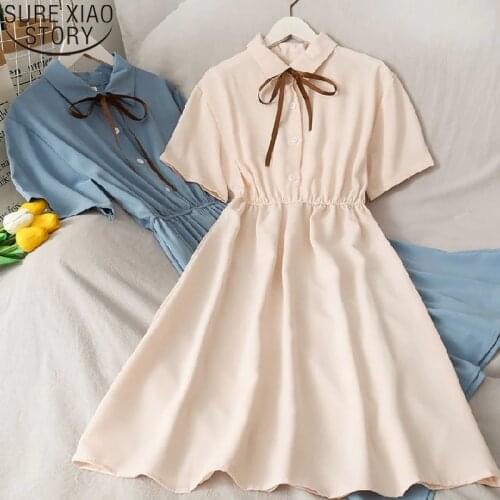 Women Sweet Summer Dress Short Sleeve Chiffon Dress High Waist Turn-down Collar Preppy Style Button Up Bow Midi Dresses 14385