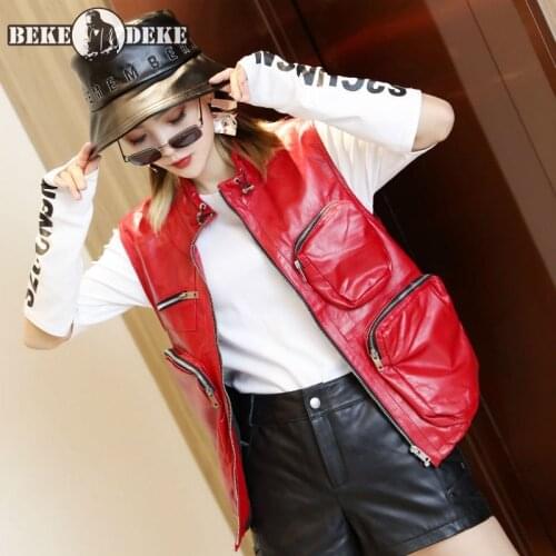 Genuine Leather Motorcycle Bikers Waistcoat Women Multi-Pocket Tank Cargo Vest Stand Collar Sleeveless Sheepskin Jacket Vests