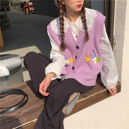 Sweet Cute Sweater Vests Women Spring Flowers Patchwork Tender Preppy Knitted Sleeveless Jumpers Girls Single Breasted Outerwear