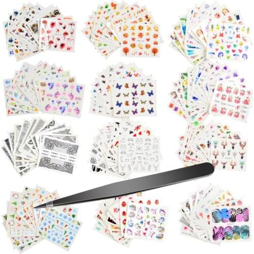 1 Tweezers +12 Nail Sticker Water Flower Butterfly Decals Sticker Lots Nail Art Tattoo DIY Full Slider Manicure Decorations