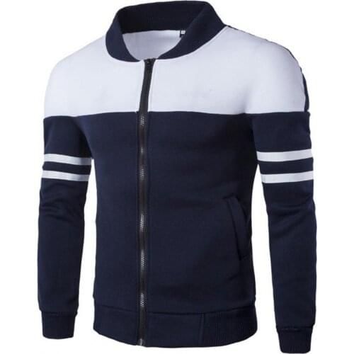 80% HOT SALES！！！Men Autumn Winter Stripe Long Sleeve Zip Pockets Coat Color Block Varsity Jacket