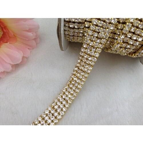 Free shipping 4 Rows 4mm 888 Rhinestone gold chain Cake Ribbon Trim Wedding Decoration x 1 yard