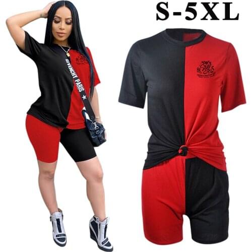 Summer T-shirt+Shorts Women Set Color Contrast Short Sleeve Letter/Lip Printing Slim Casual Daily Female Tracksuit Plus Size