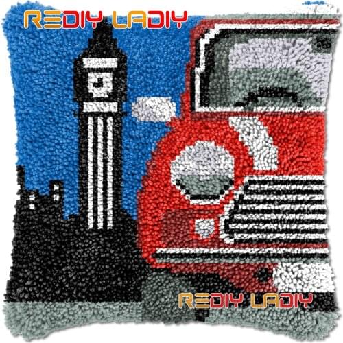 Latch Hook Cushion London Taxi DIY Needlepoint Kits Chunky Acrylic Yarn Arts Crocheting Lofty Pillow Case Hobby & Crafts