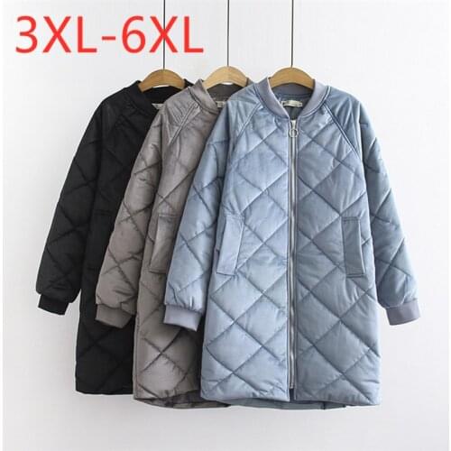 New 2021 Ladies Winter Plus Size Long Wadded Jacket For Women Large Loose Long Sleeve Pocket Zipper Blue Coat 3XL 4XL 5XL 6XL