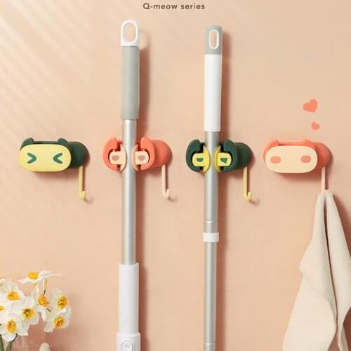 New Wall-mounted Mop Storage Rack Strong Viscose Wall Hanging Cute Cartoon Sticker Hook Kitchen Bathroom Mop Storage Rack