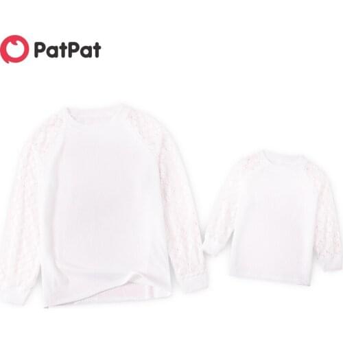 PatPat Solid White Lace Splicing Long Sleeve Tops for Mom and Me
