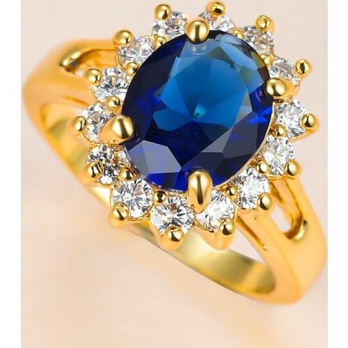 Luxury Female Blue Zircon Stone Ring Vintage Yellow Gold Color Flower Wedding Ring Dainty Bride Oval Crystal Engagement Ring