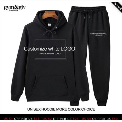 Hot Two Pieces Set fashion hooded sweatshirt Customize Black white LOGO mens sportswear hoodie autumn mens hoodie + pants Sets