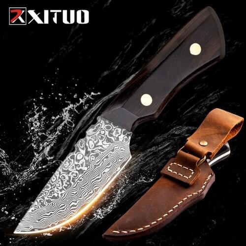 XITUO Damascus Knife Full Tang Kitchen chef fruit Mini Outdoor Pocket Knife Parig Utility Black Ebony Handle Fixed Knives New