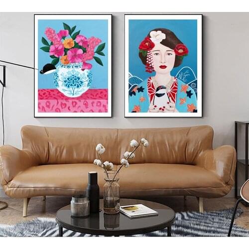 Japanese Woman With Bird Canvas Painting Wall Art Print Poster Abstract Vase Picture Decorative Painting Living Room Home Decor