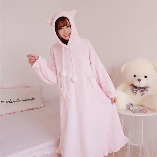 Japanese Sweet Dress Harajuku Kawaii Bear Hooded Dress Autumn Winter Warm Coral Feece Fluffy Homedress Girls Sleeping Dress
