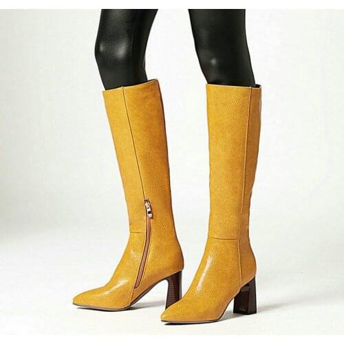 Yellow Black Blue White Women Knee High Boots Fashion Square Heel Pointed Toe Ladies Long Boots Side Zipper Boots Big Size 34-43