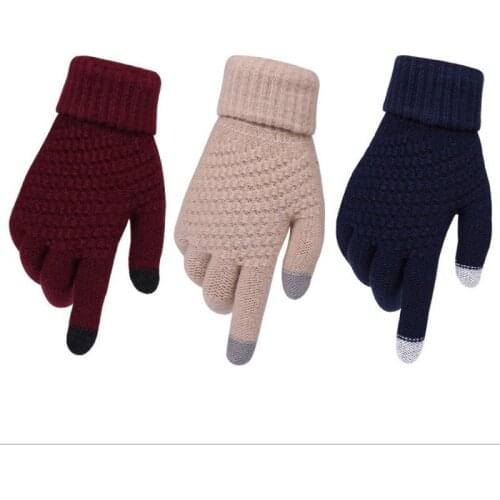 Womens Winter Touch Screen Gloves Thicken Warm Knitted Stretch Gloves Imitation Wool Full Finger Outdoor Skiing Gloves