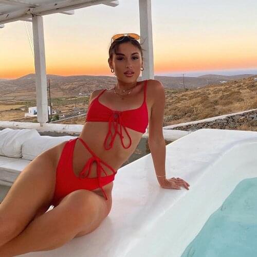 Womens Two Piece Swimsuit Solid Color Bra Drawstring Frenulum Sexy Body Bikini for Female Beach Vacation