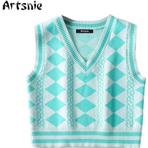 Artsnie Vintage Argyle Sweater Vest Women Spring 2021 V Neck Sleeveless Pull Femme Streetwear Knitted Ladies Crop Sweater Vest
