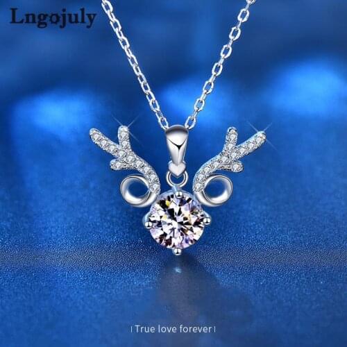 Pure 925 Sterling Silver 1 Carat Moissanite Deer Pendant Necklaces For Women Bride Wedding Party Solid Silver 925 Jewelry Gift