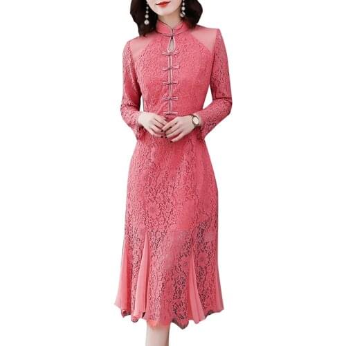 2020 New Spring Autumn Women Long Sleeve Dress High Quality Patchwork Vintage Chinese Style Cheongsam Lace Mermaid Dress