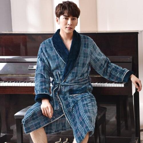 Winter Mens Dressing Gown Long Plus Size Flannel Bathrobe Luxury Warm Home Robe for Man Gentleman Coat Robe Sleepwear Home Gown