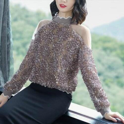 Fall Spring Fashion Women Mesh Flower Patchwork Full Sleeve Blouse , Female Woman Autumn Ruffles Mandarin Collar Loose Blouses