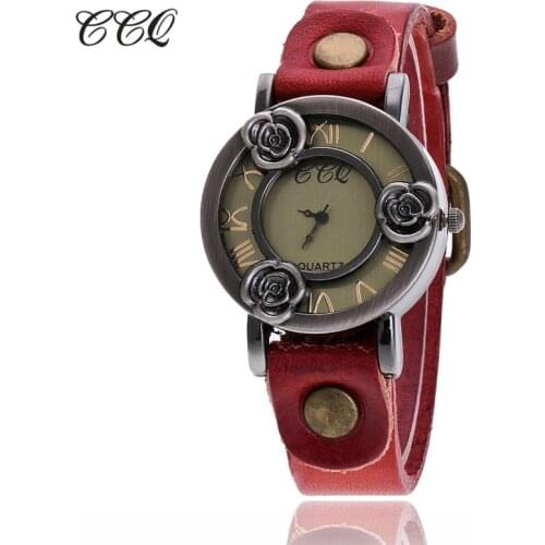 CCQ Brand Vintage Cow Leather Bracelet Flower Watch Casual Women WristWatch Luxury Quartz Watch Relogio Feminino 1291