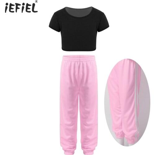 Kids Girls Child Dance Outfits Short Sleeves Sport Crop Top + Pants Tracksuit Sets For Hip Hop Dance Sports Gymnastics Workout