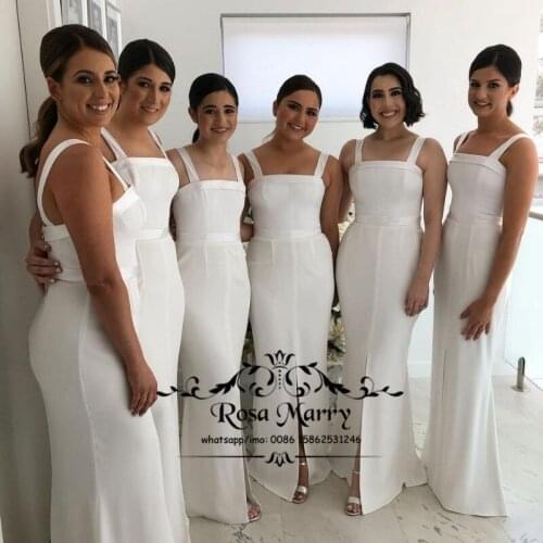 Elegant White Mermaid Bridesmaids Dresses 2021 Simple Satin Front Split Plus Size Cheap Wedding Guest Gowns Maid of Honors
