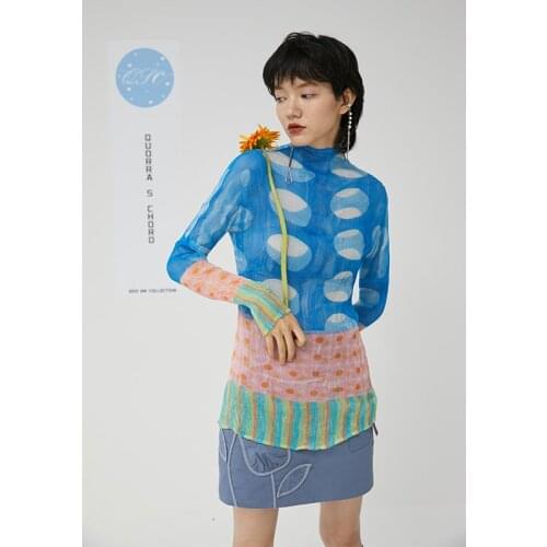 Pleated Panel Blue Print Four Season High Collar Bottom One Size Perspective Elastic T-shirt Miyake