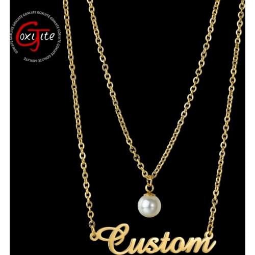 Goxijite Custom Name Pearl Layer Necklace For Female Personalized 2 Layers Nameplate Choker Necklaces Elegant Women Jewelry Gift