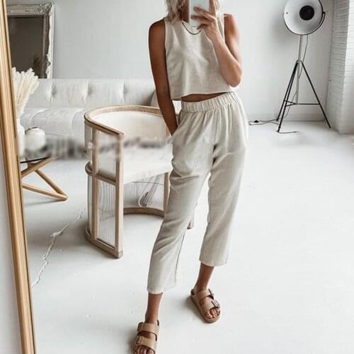 Summer Sleeveless Two Pieces Women Pants Set Short Crop Top Solid Elastic Waist Pants Female Sets 2021 Casual Homewear Lady Suit