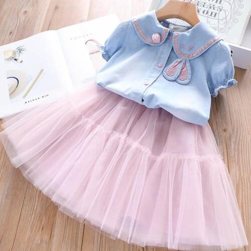Summer 2 Color Girls Clothing Set Denim T-Shirt + Mesh Lace Skirt 2Pcs Suit Kids Birthday Party Present Children Clothes